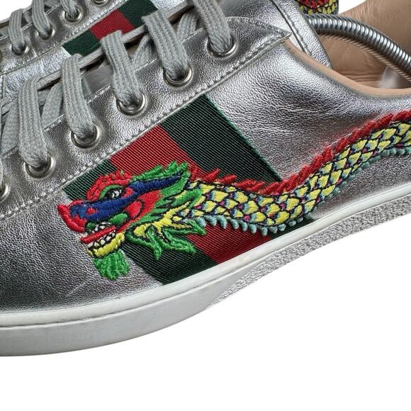 Gucci Ace Sneakers Silver Dragon Leather Size 7 Men / 8.5 Women Unisex Italy main image 15